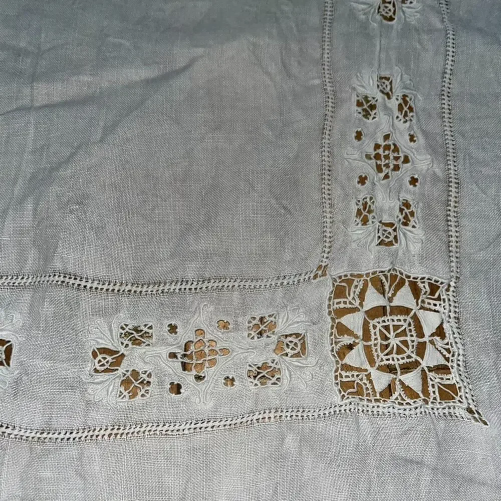 White Linen Tablecloth 49 x 52 in Delicate Cutwork & Hand-Done Drawnwork